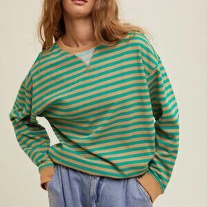 Striped Oversized Crewneck Pullover - Taupe/Green